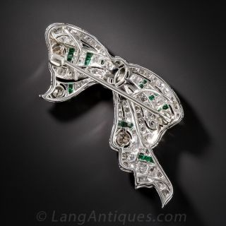 Art Deco Diamond and Emerald Platinum Bow Brooch