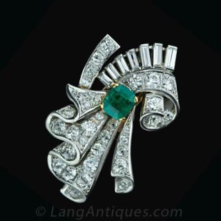 Art Deco Diamond and Emerald Ribbon Motif Pin Main View