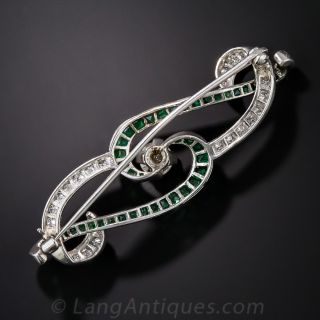 Art Deco Diamond and Emerald Scroll Pin