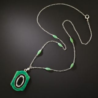 Art Deco Diamond and Enamel Pendant/Locket with Jade Link Chain - 4
