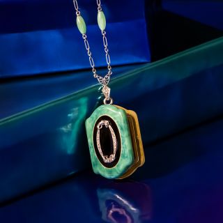 Art Deco Diamond and Enamel Pendant/Locket with Jade Link Chain
