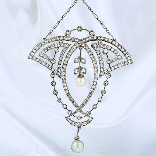 Art Deco Diamond and Natural Pearl Necklace