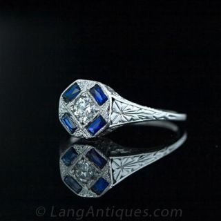 Art Deco Diamond and Natural Sapphire Filigree Ring