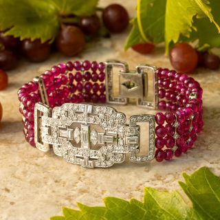 Art Deco Diamond and No-Heat Burma Ruby Bead Bracelet - GIA