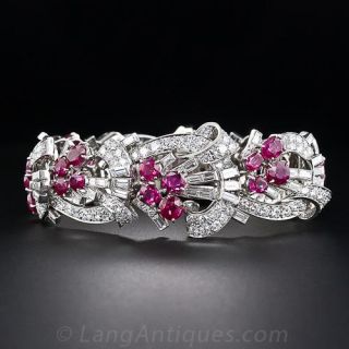 Art Deco Diamond and No Heat Ruby Bracelet