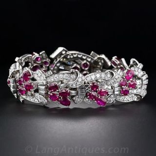 Art Deco Diamond and No Heat Ruby Bracelet