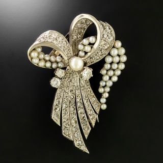 Art Deco Diamond and Pearl Bow Brooch - 2