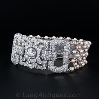 Art Deco Diamond and Pearl Bracelet with 2.10 Carat Center Diamond - 1