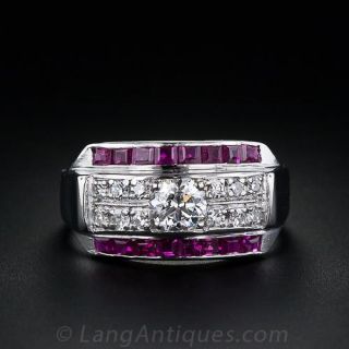 Art Deco Diamond and Ruby Band Ring in Platinum - 2