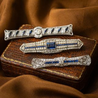 Art Deco Diamond and Sapphire Bar Pin by Reed and Barton