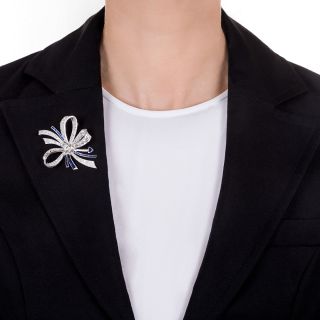Art Deco Diamond and Sapphire Bow Brooch By Fougeray