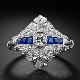 Art Deco Diamond and Sapphire Engagement Ring Set