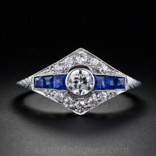 Art Deco Diamond and Sapphire Engagement Ring Set