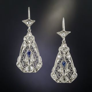 Art Deco Diamond and Sapphire Filigree Drop Earrings - 2