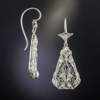 Art Deco Diamond and Sapphire Filigree Drop Earrings