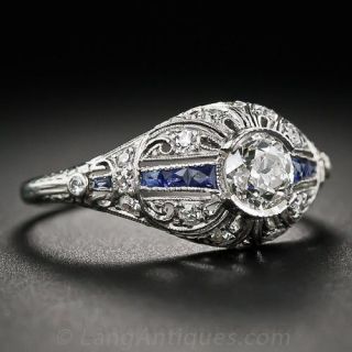 Art Deco Diamond and Sapphire Filigree Ring 