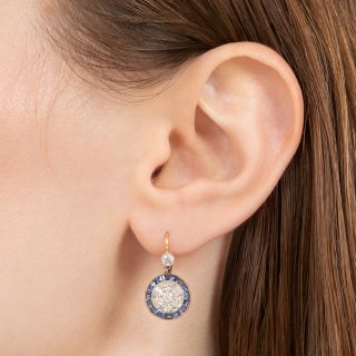 Art Deco Diamond and Sapphire Halo Dangle Earrings, French