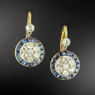 Art Deco Diamond and Sapphire Halo Dangle Earrings, French - 2