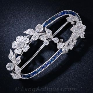 Art Deco Diamond and Sapphire Oval Wreath Brooch
