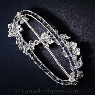 Art Deco Diamond and Sapphire Oval Wreath Brooch