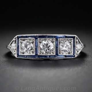 Art Deco Diamond and Sapphire Three-Stone Ring - 2