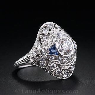 Art Deco Diamond Dinner Ring with Sapphire Accents