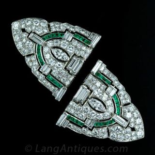 Art Deco Double Clip Diamond Brooch with Emeralds Main View 2