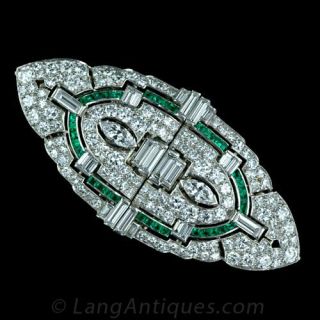 Art Deco Diamond Double Clip  Brooch with Calibre Emeralds
