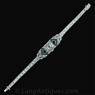 Art Deco Diamond, Emerald and Onyx Watch