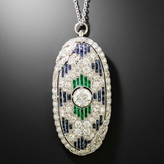 Art Deco Diamond, Emerald and Sapphire Pendant - 2