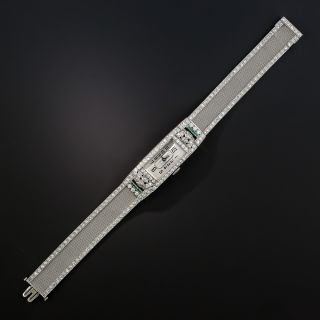 Art Deco Diamond Emerald Platinum Mesh Bracelet Watch - 3