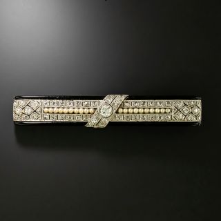 Art Deco Diamond, Natural Pearl and Black Enamel Bar Brooch - 2