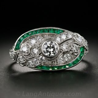 Art Deco Diamond Ring with Calibre Emeralds