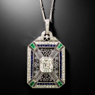 Art Deco Diamond, Rock Crystal, Emerald and Sapphire Pendant by J.E. Caldwell - 5