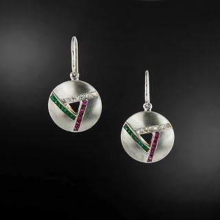 Art Deco Diamond, Ruby and Emerald Glass Earrings - 5