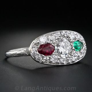 Art Deco Diamond, Ruby and Emerald Ring