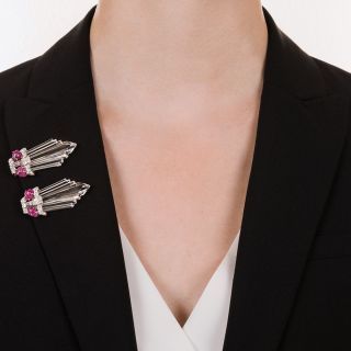 Art Deco Diamond, Ruby and Rock Crystal Clips
