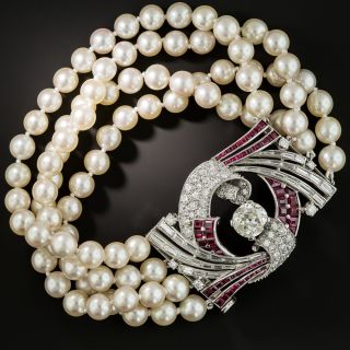 Art Deco Diamond Ruby Platinum Pearl Bracelet - 2