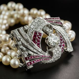 Art Deco Diamond Ruby Platinum Pearl Bracelet