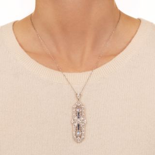 Art Deco Diamond, Sapphire and Moonstone Filigree Pendant Necklace
