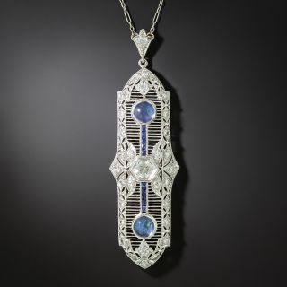 Art Deco Diamond, Sapphire and Moonstone Filigree Pendant Necklace - 2