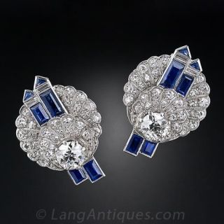Art Deco Diamond Sapphire and Platinum Earrings - 1