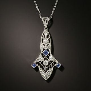 Art Deco Diamond Sapphire Platinum Pendant Necklace - 2