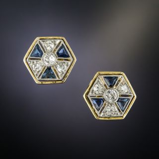 Art Deco Diamond Sapphire Stud Earrings - 1