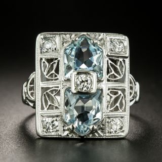 Art Deco Double Aquamarine and Diamond Filigree Ring - 2