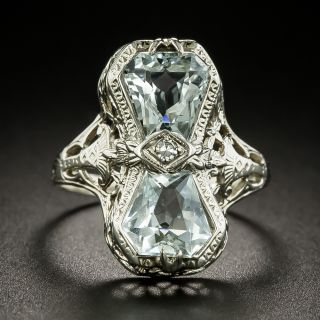 Art Deco Double Aquamarine Filigree Ring - 2