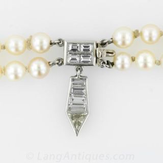 Art Deco Double Cultured Pearl Necklace with Diamond Clasp