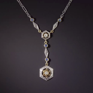 Art Deco Double Diamond and Sapphire Necklace - 1