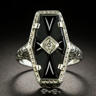 Art Deco Elongated Hexagonl Onyx and Diamond Ring - 3