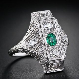 Art Deco Emerald and Diamond Dinner Ring